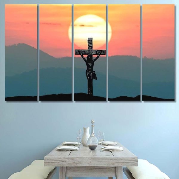 Silhouette Jesus Cross Over Sunset On 1 Jesus Christian Premium Multi Canvas Prints, Multi Piece Panel Canvas Luxury Gallery Wall Fine Art Print - Image 8