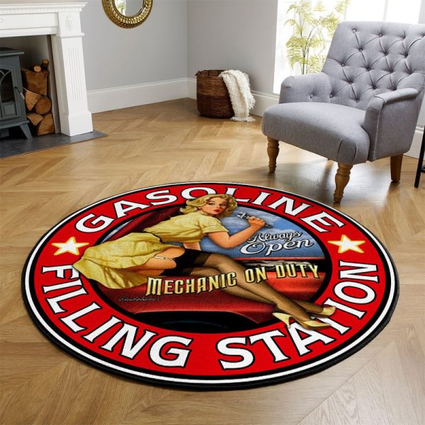 Gasoline Filling Station Pin Up Hot Rod Round Mat Round Floor Mat Room Rugs Carpet Outdoor Rug Washable Rugs - Image 3