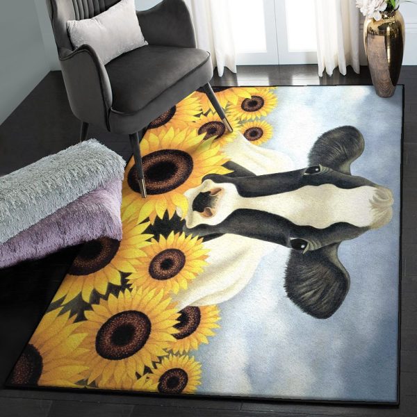 Sunflower Sunflower And Cow Rug Rectangle Rugs Washable Area Rug Non-Slip Carpet For Living Room Bedroom