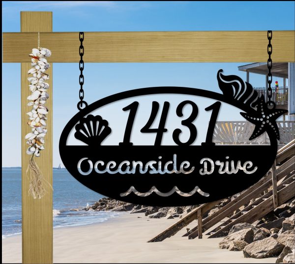 Hanging Beach House Address Sign, Nautical, Seashells, Mermaid, Tropic