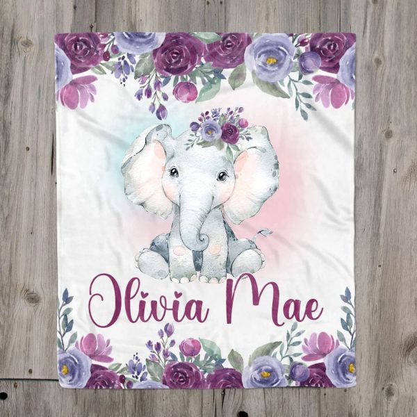 Custom Name Blanket Baby, Elephant Baby Blanket Purple Flowers, Baby B