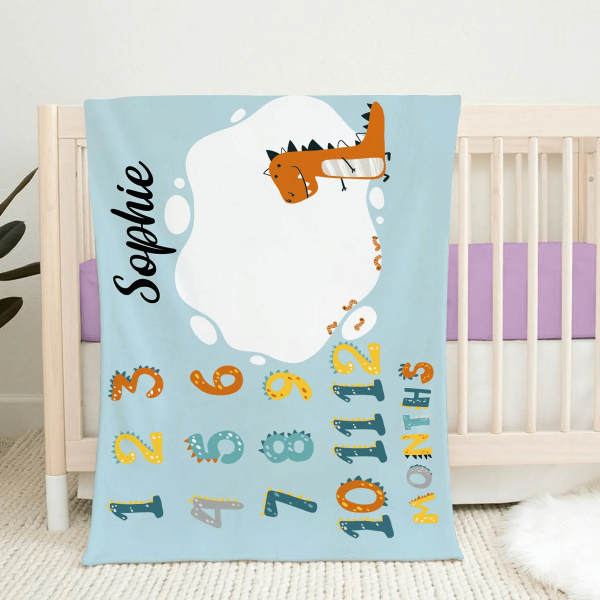 Personalized Baby Blankets , Dinosaur baby blanket Blue color for boy - Image 3