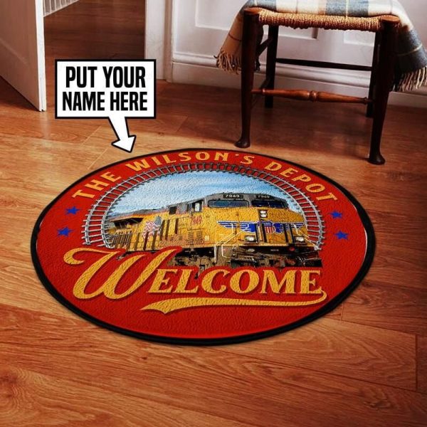 Personalize Unionpacific Train Depot Welcome Living Room Round Mat Circle Rug