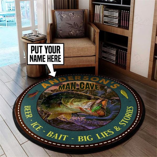 Personalized Fishing Man Cave Beer Ice Bait Big Lies Ans Stories Living Room Round Mat Circle Rug